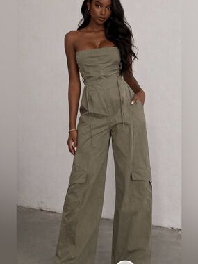 PrettyLittleThing Olive Strapless Jumpsuit